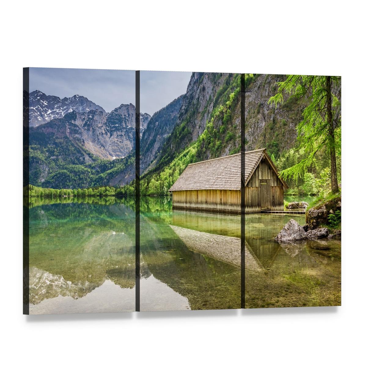Boathouse on Obersee Lake Canvas Wall Art, 3 panel 3 Horizontal layout gallery wrapped canvas set, angled product view