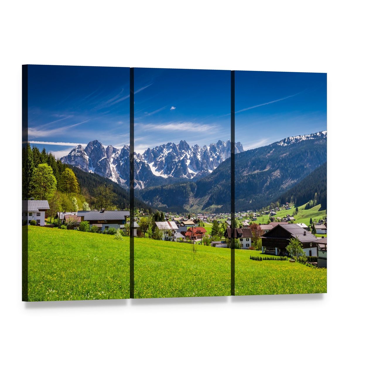 Alpine Village with Snow-capped Peaks Canvas Wall Art, 3 panel 3 Horizontal layout gallery wrapped canvas set, angled product view