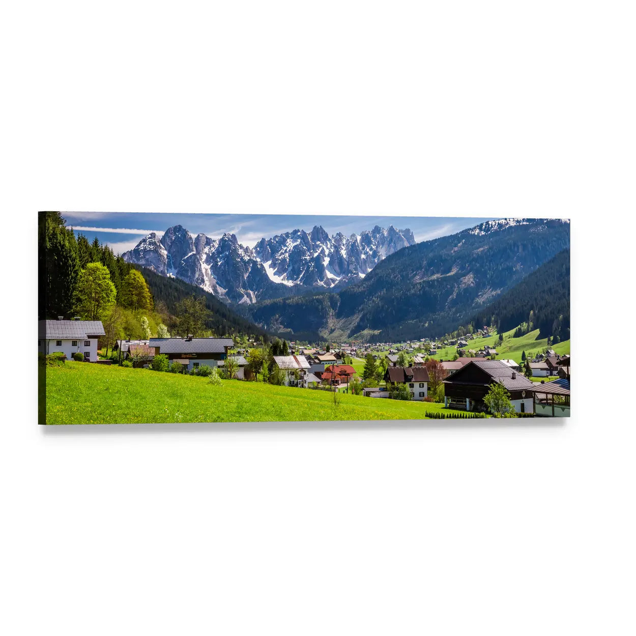 Alpine Village Below Snow-capped Peaks Panoramic Canvas Wall Art, single panel gallery wrapped canvas, angled product view