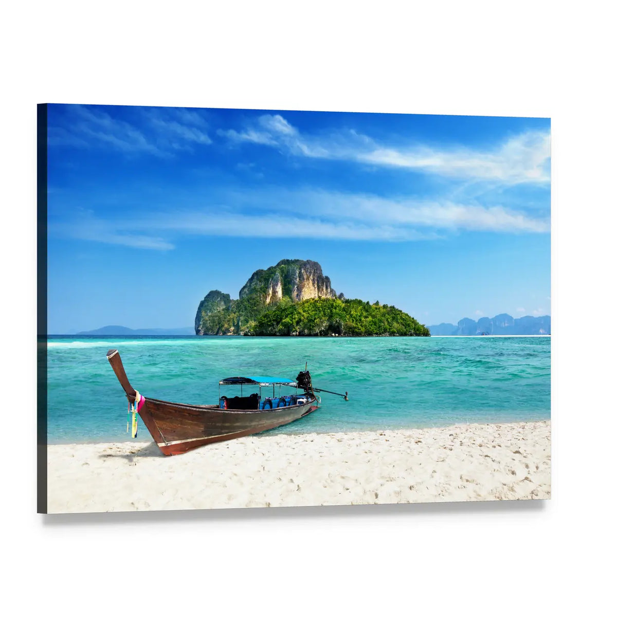 Thai Longtail Boat on Turquoise Beach Canvas Wall Art, single panel gallery wrapped canvas, angled product view