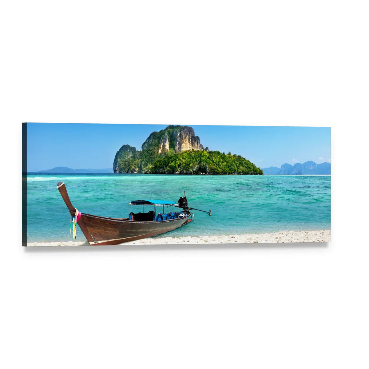 Longtail Boat on Turquoise Beach Panoramic Canvas Wall Art, single panel gallery wrapped canvas, angled product view