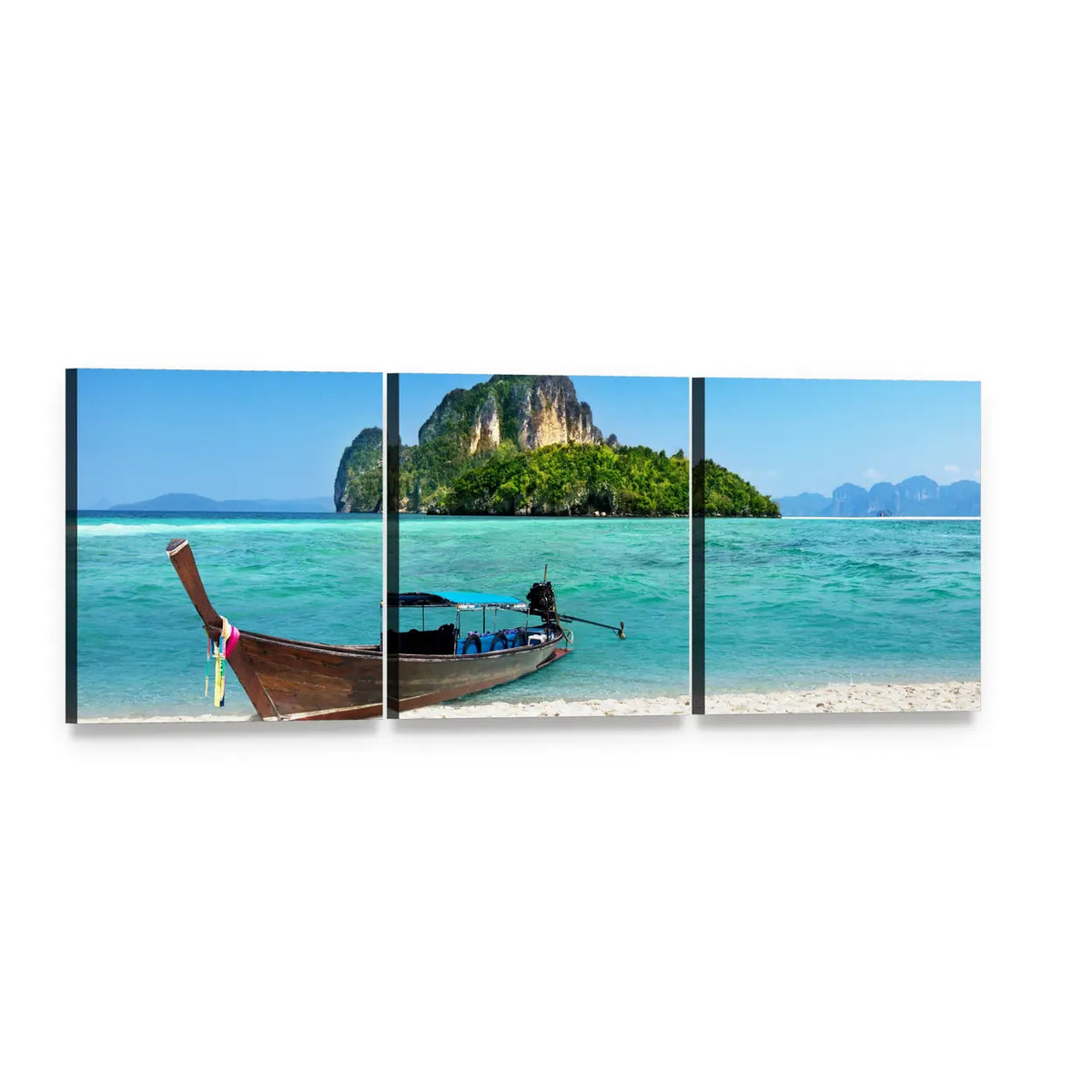 Longtail Boat on Turquoise Beach Panoramic Canvas Wall Art, 3 panel 3 Piece layout gallery wrapped canvas set, angled product view