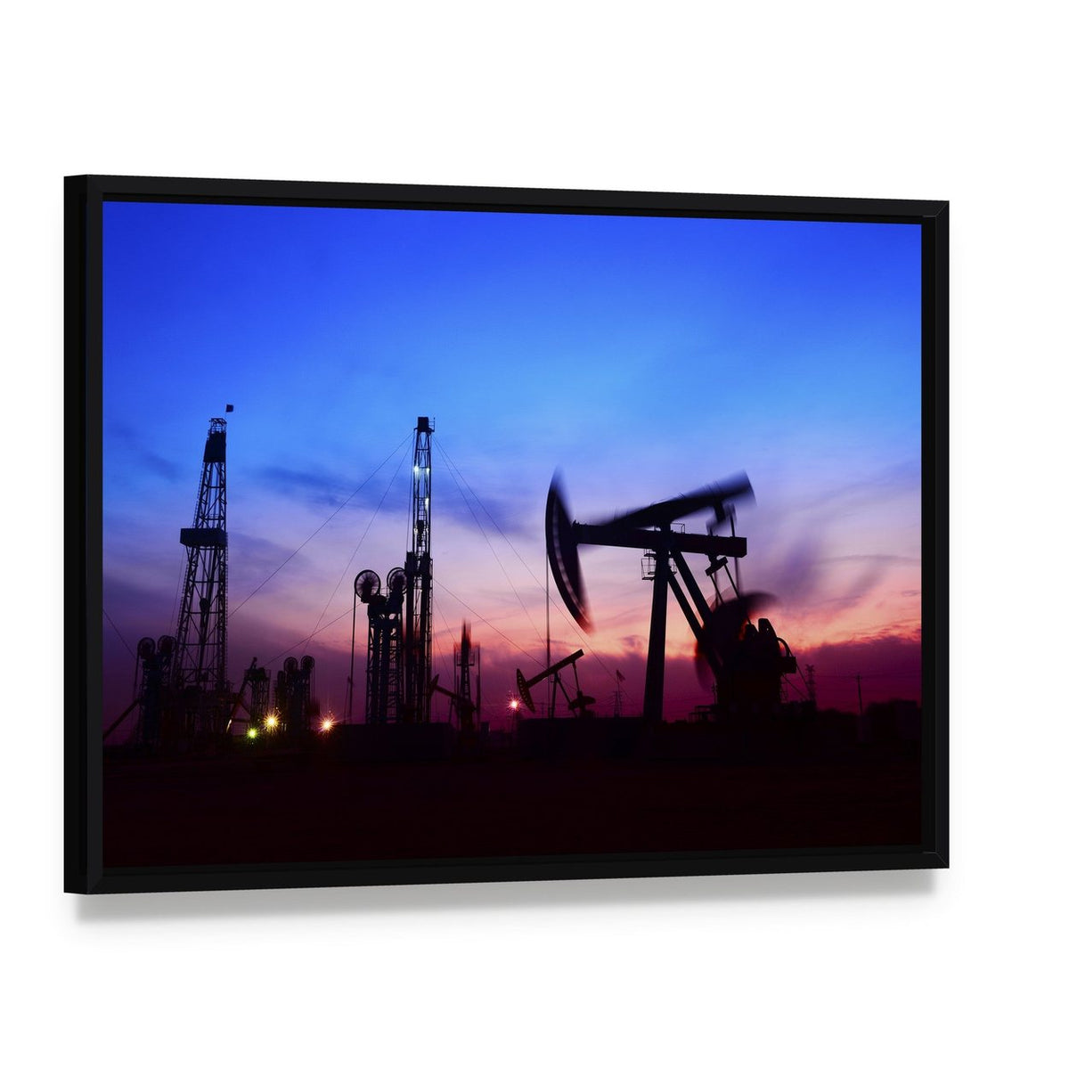 Oil Pumping Unit Silhouette Canvas Wall Art, framed canvas in a black floater frame, angled product view