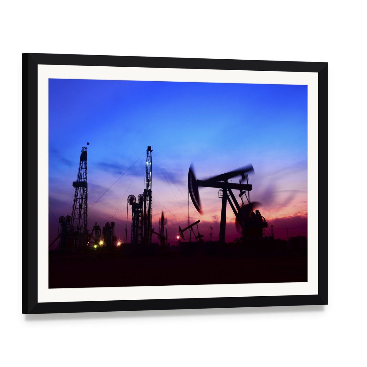 Oil Pumping Unit Silhouette Canvas Wall Art, framed print with white mat and black frame, angled product view