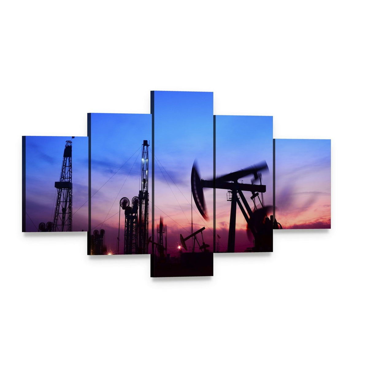 Oil Pumping Unit Silhouette Canvas Wall Art, 5 panel 5 Star layout gallery wrapped canvas set, angled product view
