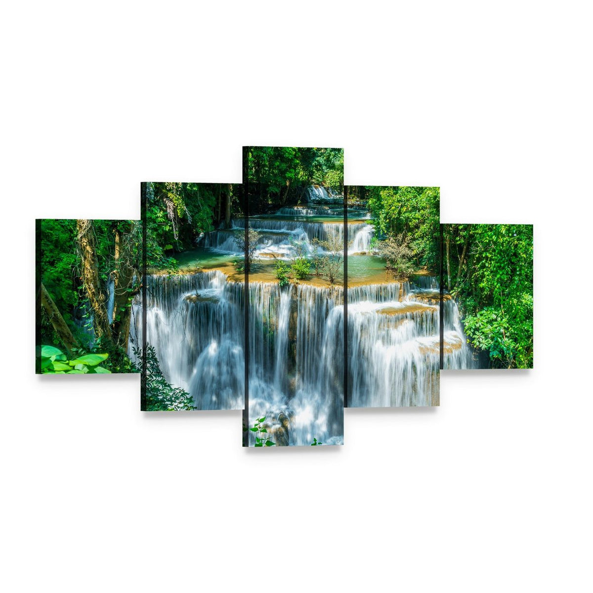 Huay Mae Kamin Waterfall Canvas Wall Art, 5 panel 5 Star layout gallery wrapped canvas set, angled product view
