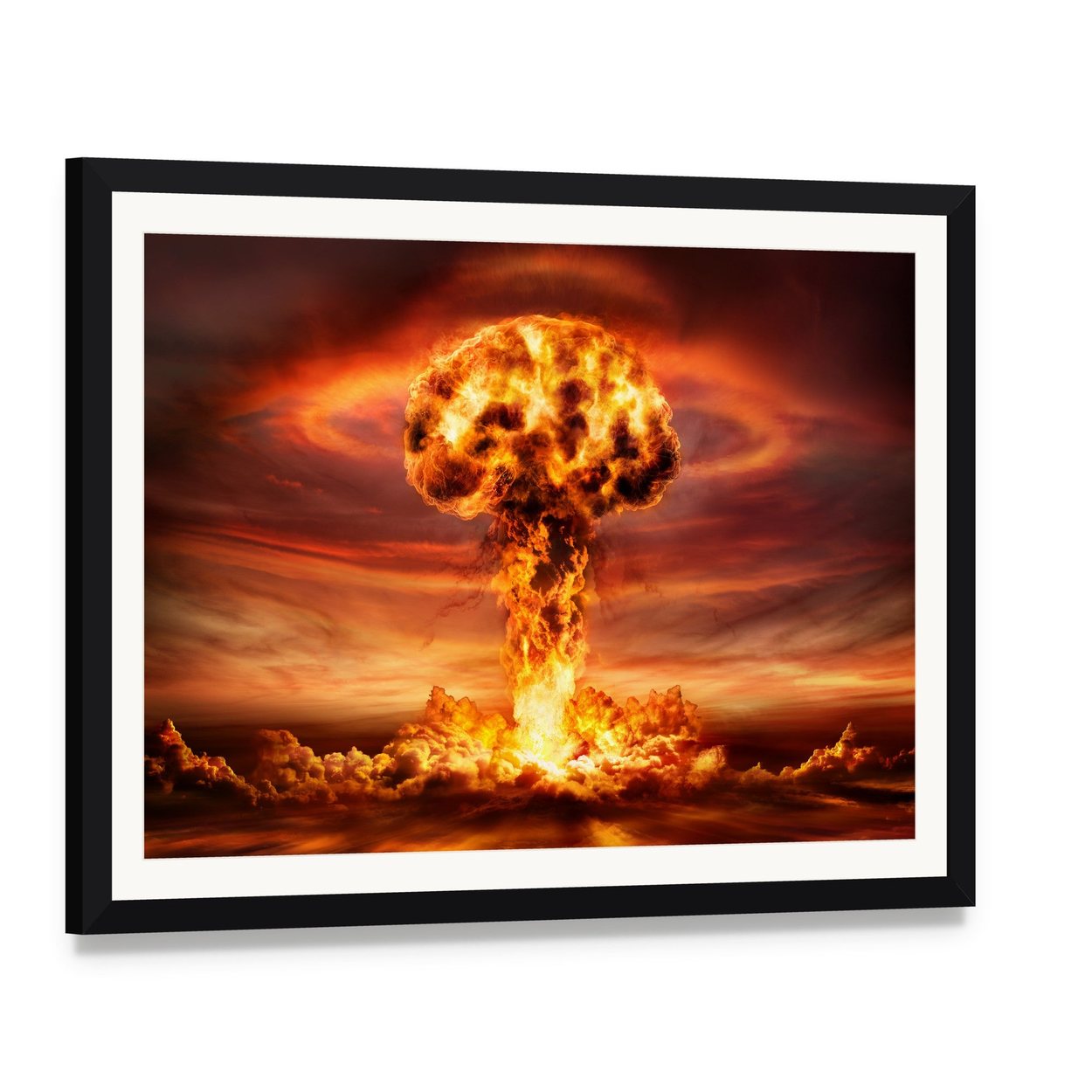 Mushroom Cloud Nuclear Explosion Canvas Wall Art, framed print with white mat and black frame, angled product view