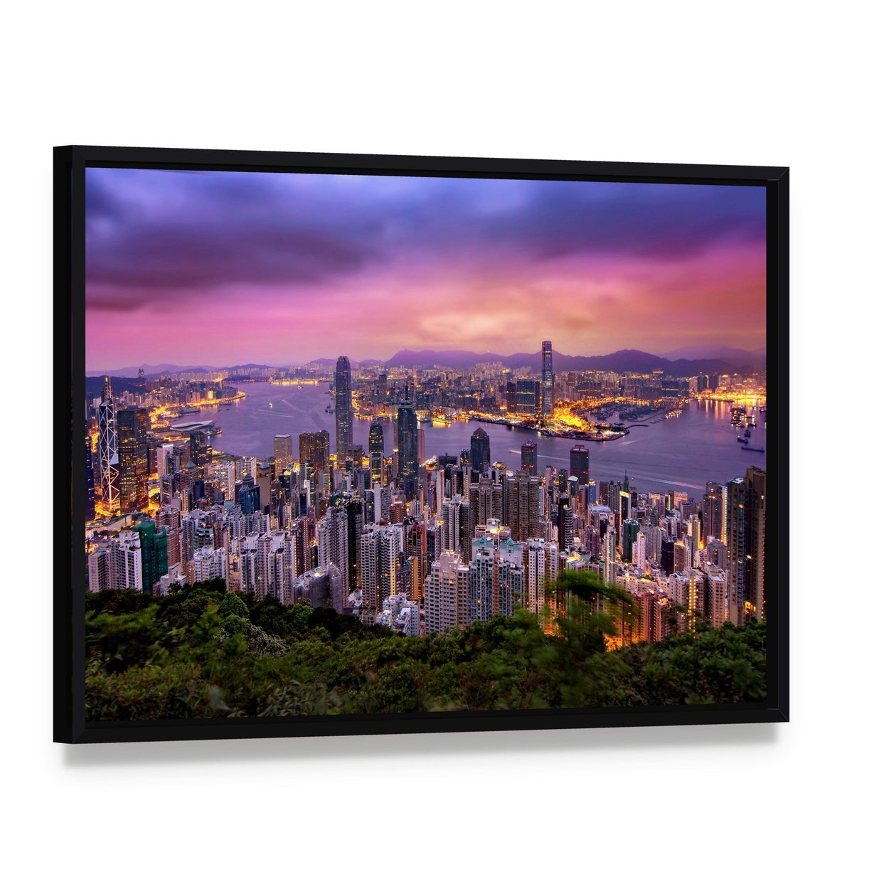 Hong Kong Skyline at Dusk Canvas Wall Art, framed canvas in a black floater frame, angled product view