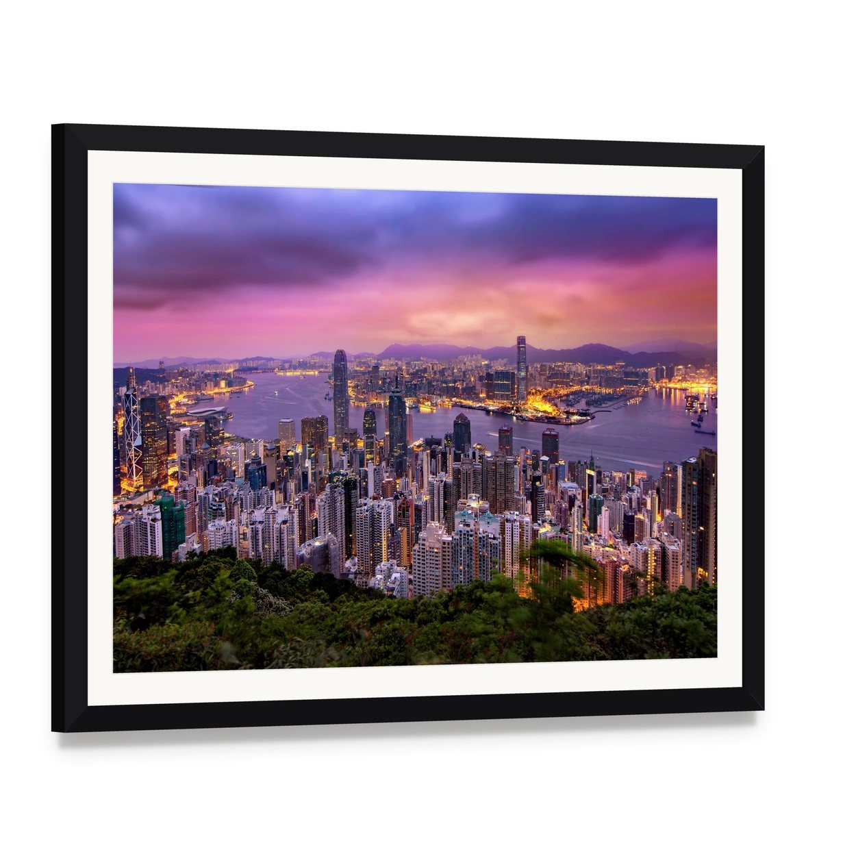 Hong Kong Skyline at Dusk Canvas Wall Art, framed print with white mat and black frame, angled product view