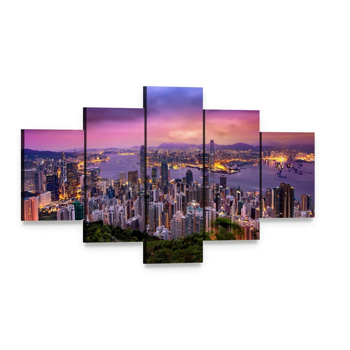Hong Kong Skyline at Dusk Canvas Wall Art, 5 panel 5 Star layout gallery wrapped canvas set, angled product view