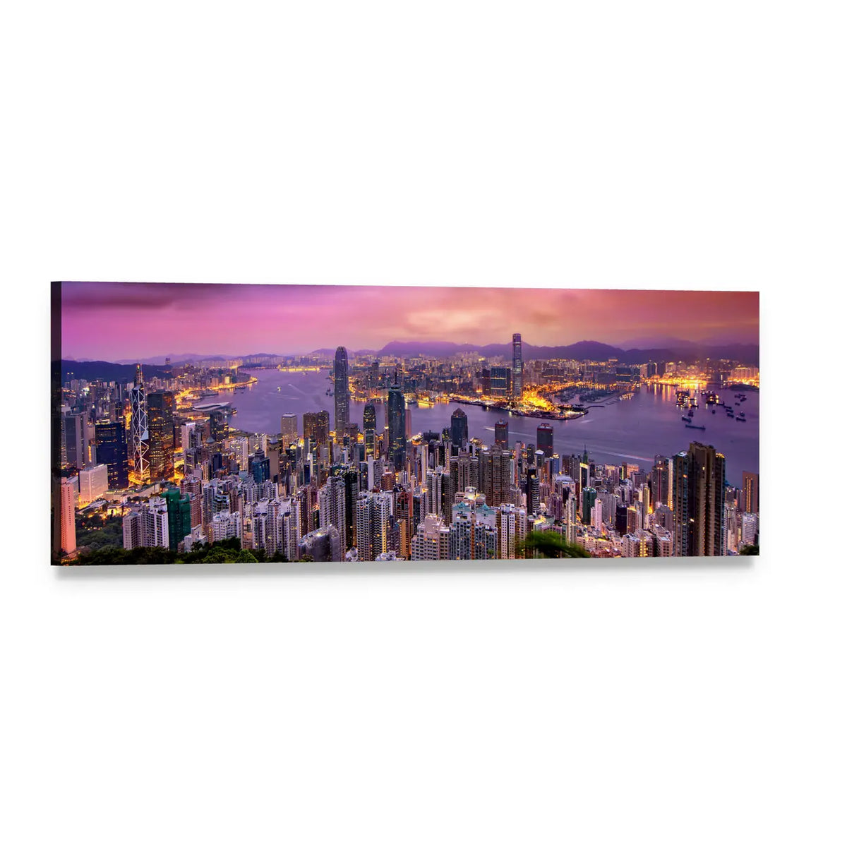 Hong Kong Skyline at Twilight Panoramic Canvas Wall Art, single panel gallery wrapped canvas, angled product view