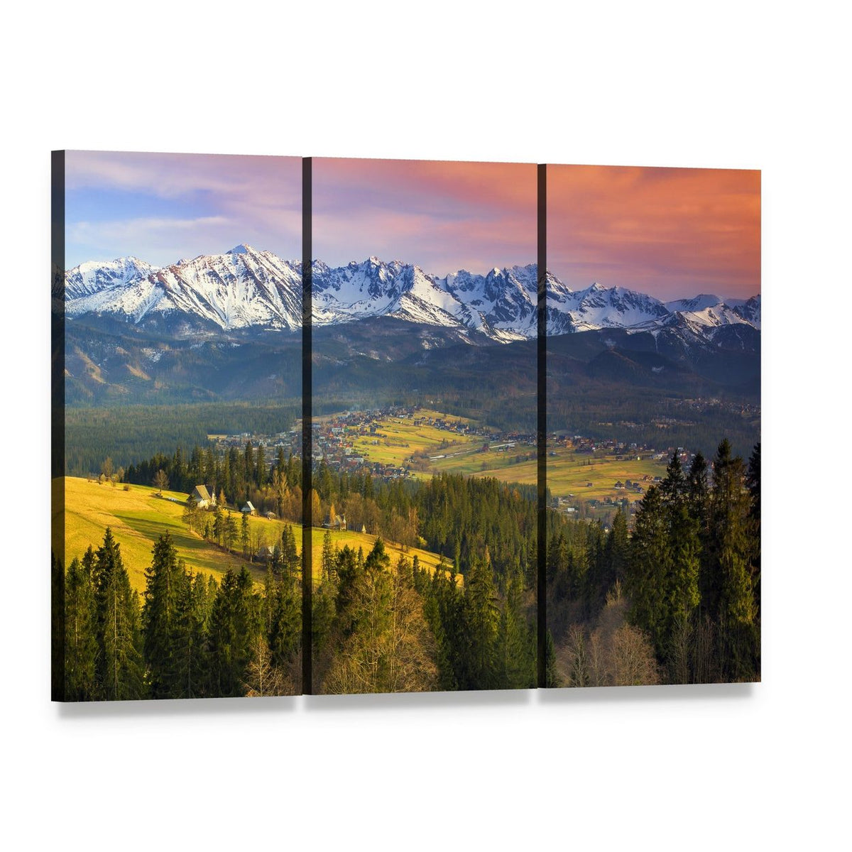 Tatry Mountains at Sunset Canvas Wall Art, 3 panel 3 Horizontal layout gallery wrapped canvas set, angled product view