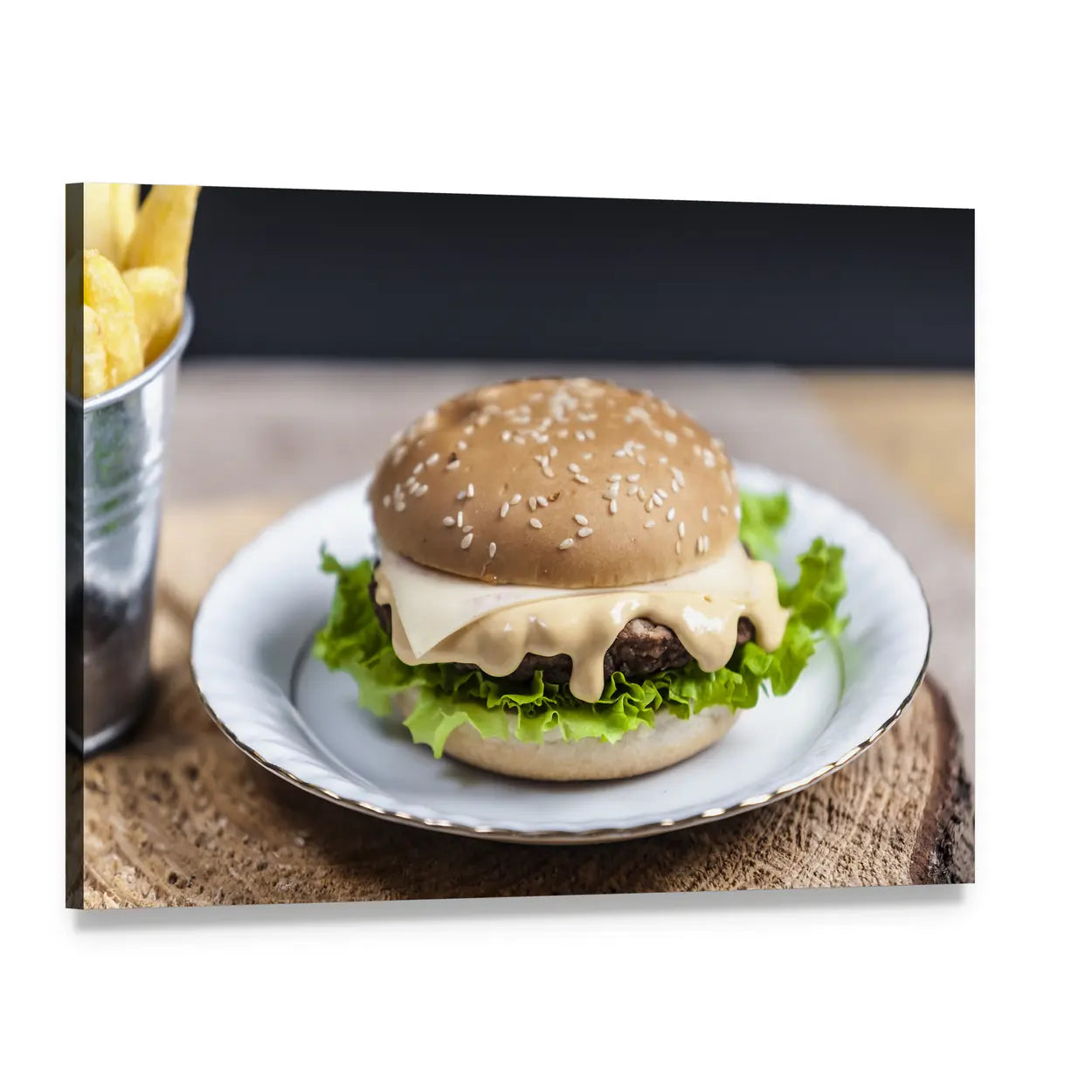 Cheeseburger Close-up with Fries Canvas Wall Art, single panel gallery wrapped canvas, angled product view