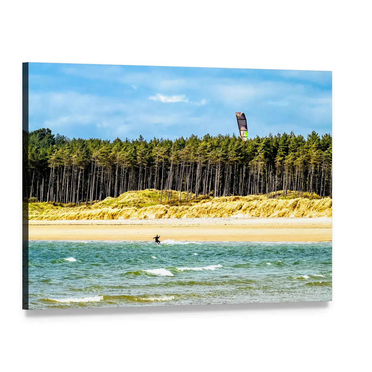Solo Kiteboarder Over Summer Waves Canvas Wall Art, single panel gallery wrapped canvas, angled product view