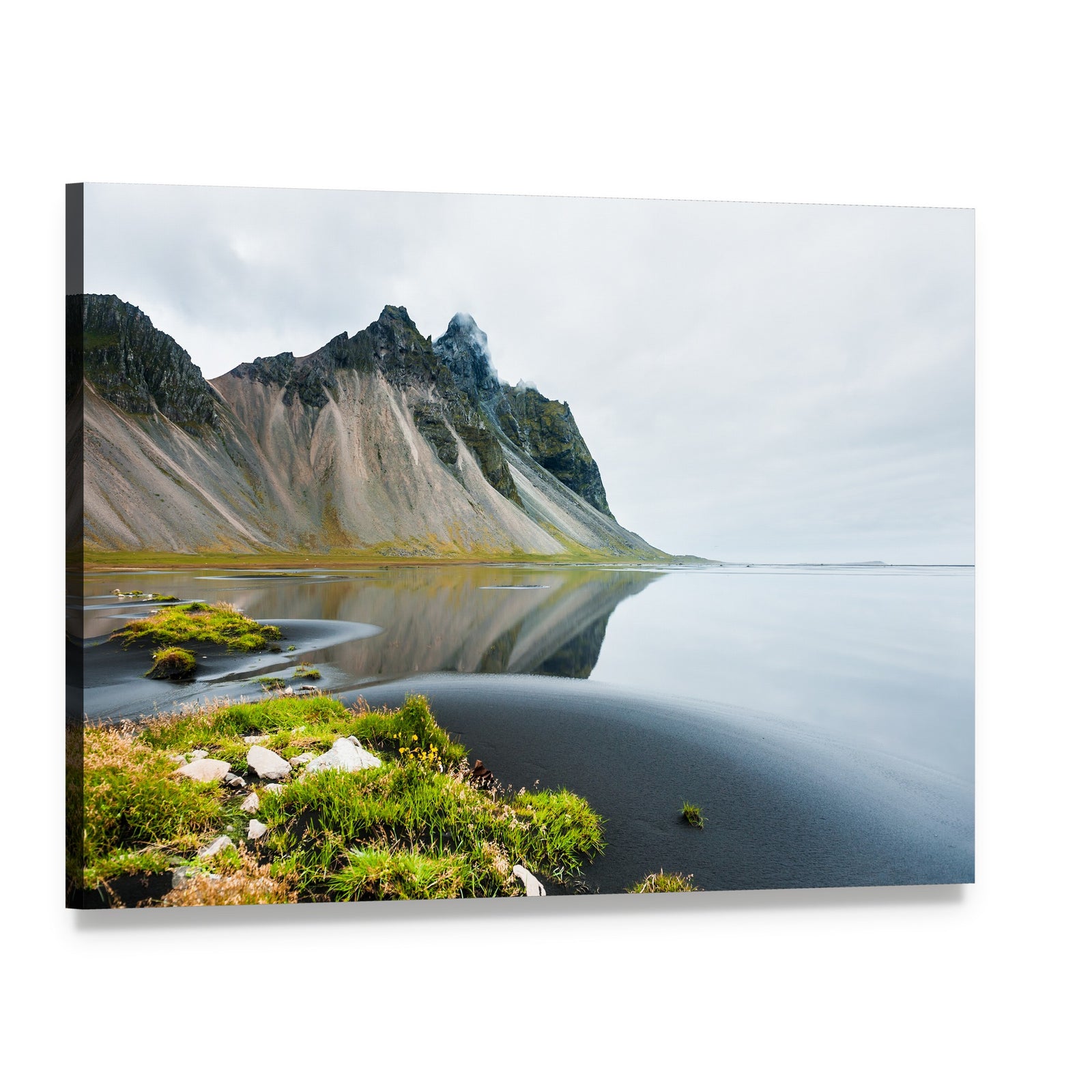 Mountain Reflection on Black Sand Shore Canvas Wall Art, single panel gallery wrapped canvas, angled product view