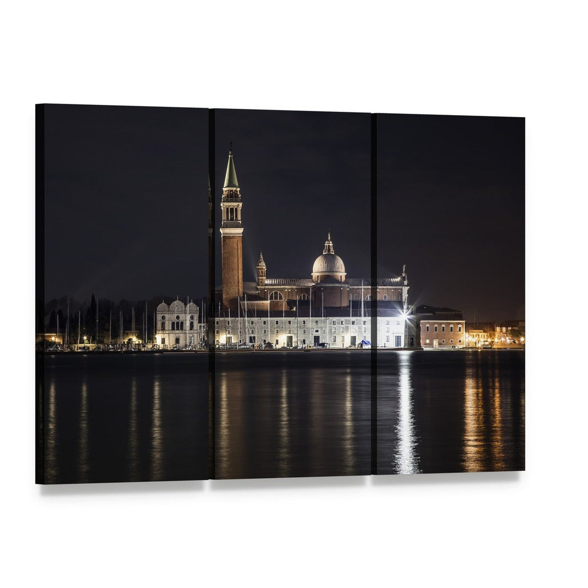 San Giorgio Maggiore at Night Canvas Wall Art, 3 panel 3 Horizontal layout gallery wrapped canvas set, angled product view