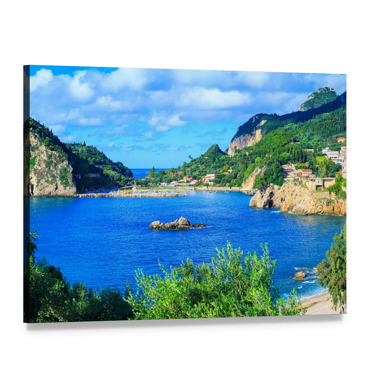 Corfu Bay Cliff Overlook Canvas Wall Art, single panel gallery wrapped canvas, angled product view