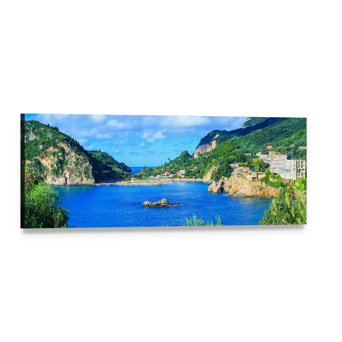 Corfu Coastal Cliffs and Turquoise Bay Panoramic Canvas Wall Art, single panel gallery wrapped canvas, angled product view