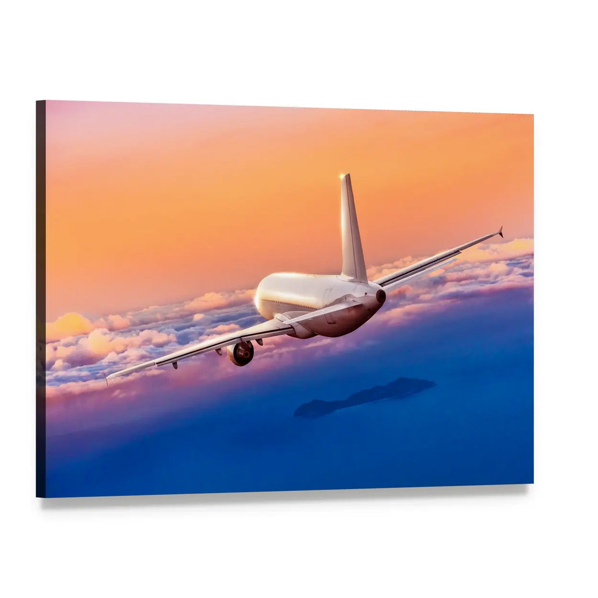 Commercial Passenger Airplane at Sunset Canvas Wall Art, single panel gallery wrapped canvas, angled product view