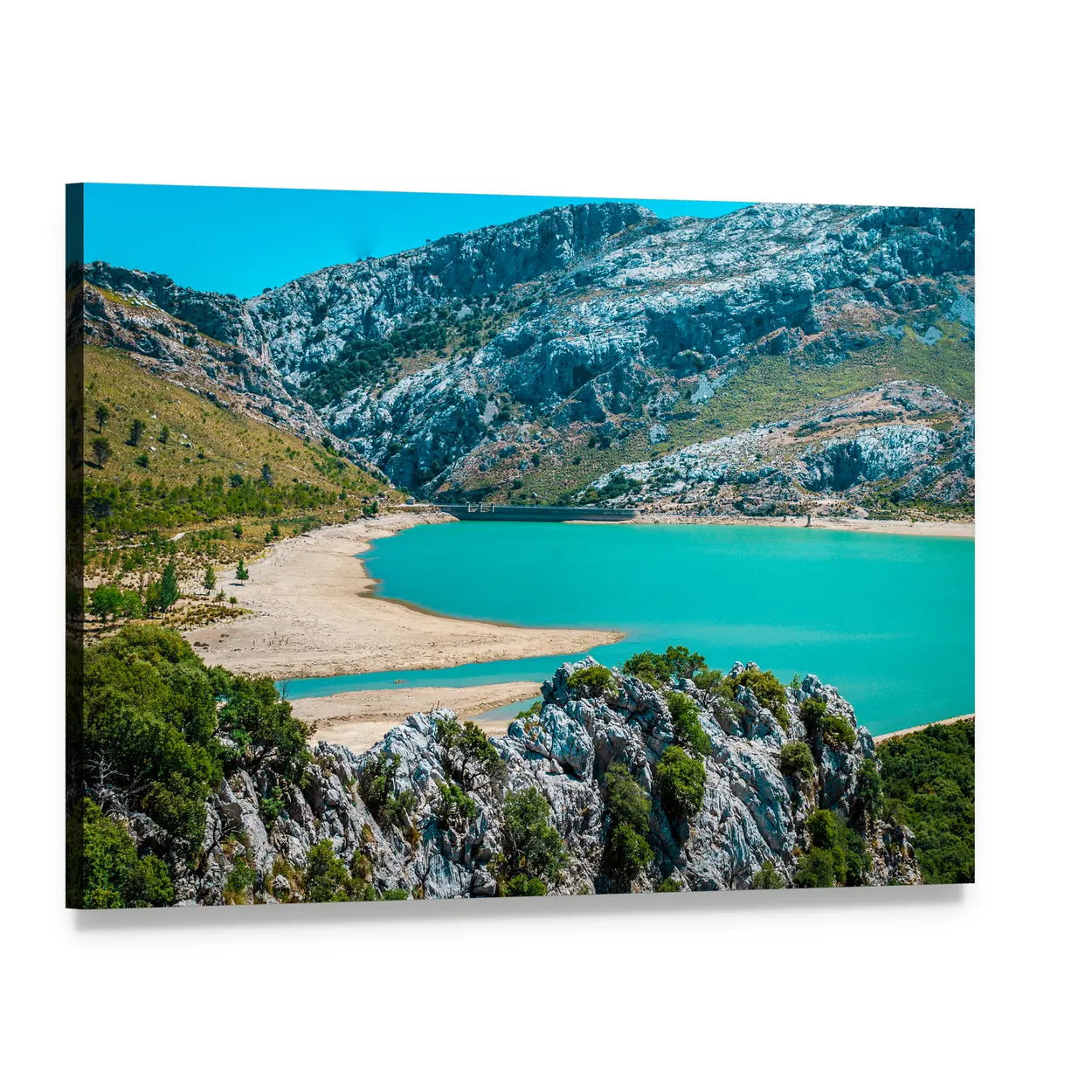 Turquoise Lake with Distant Concrete Dam Canvas Wall Art, single panel gallery wrapped canvas, angled product view