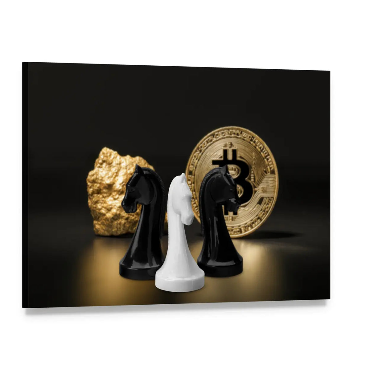 Black and White Knights with Gold Bitcoin Canvas Wall Art, single panel gallery wrapped canvas, angled product view