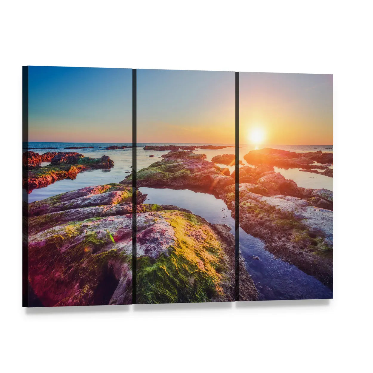 Sunset on Sicily's South Coast Canvas Wall Art, 3 panel 3 Horizontal layout gallery wrapped canvas set, angled product view
