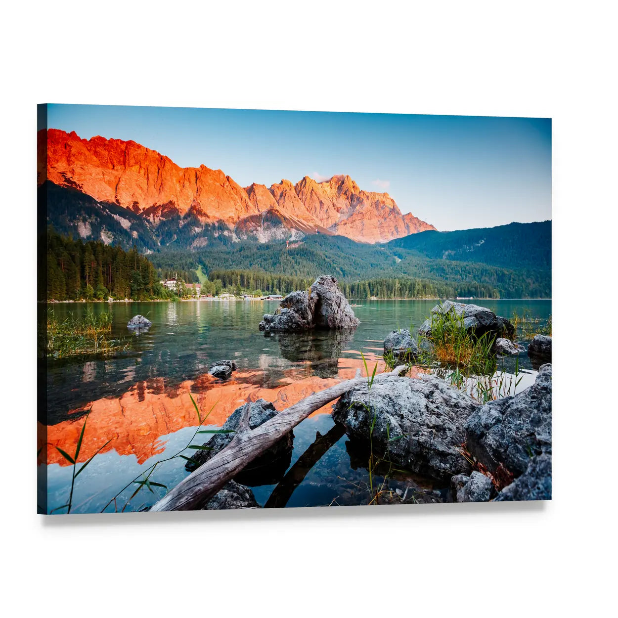 Sunrise on Lake Eibsee Canvas Wall Art, single panel gallery wrapped canvas, angled product view