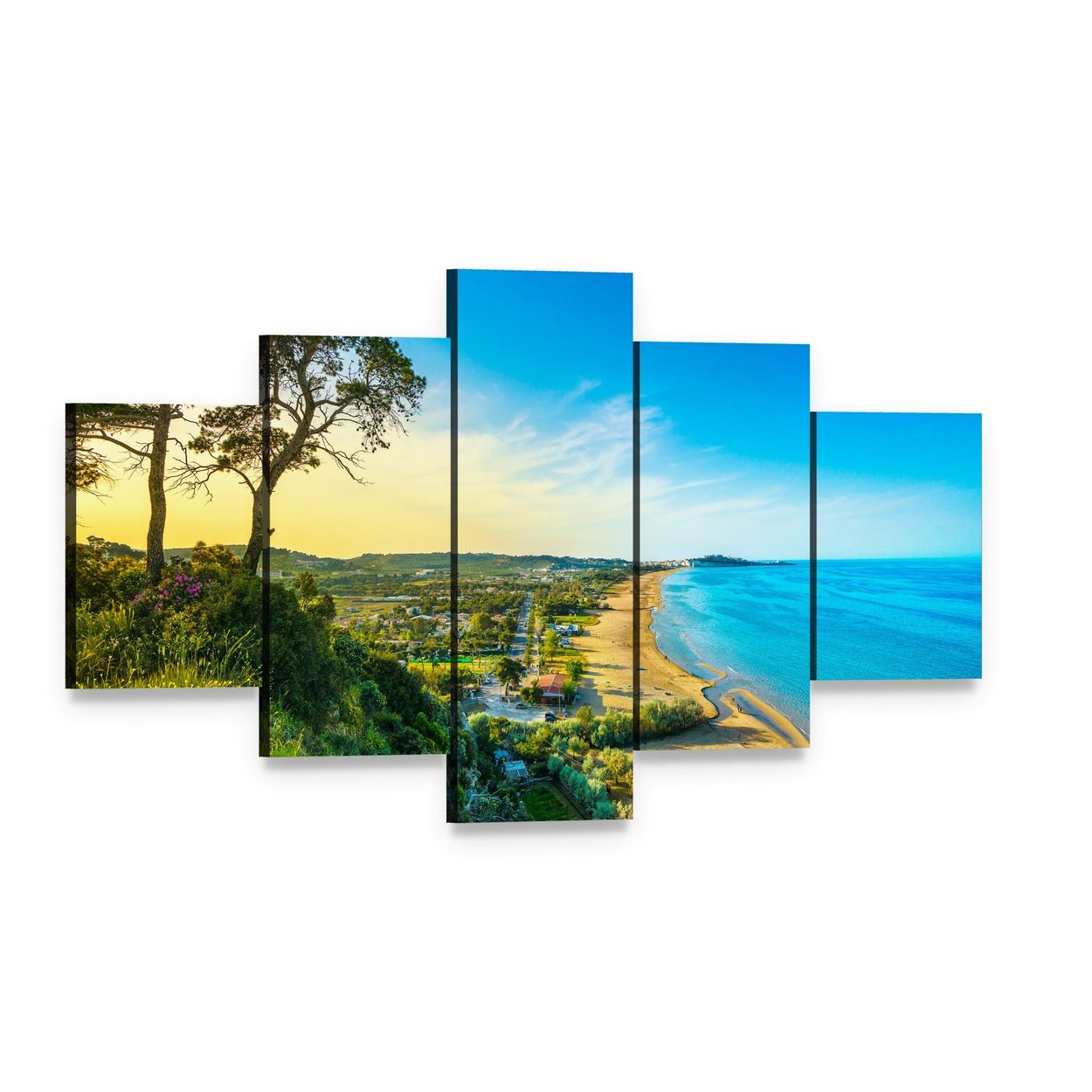 Clifftop Beach with Two Trees at Sunset Canvas Wall Art, 5 panel 5 Star layout gallery wrapped canvas set, angled product view