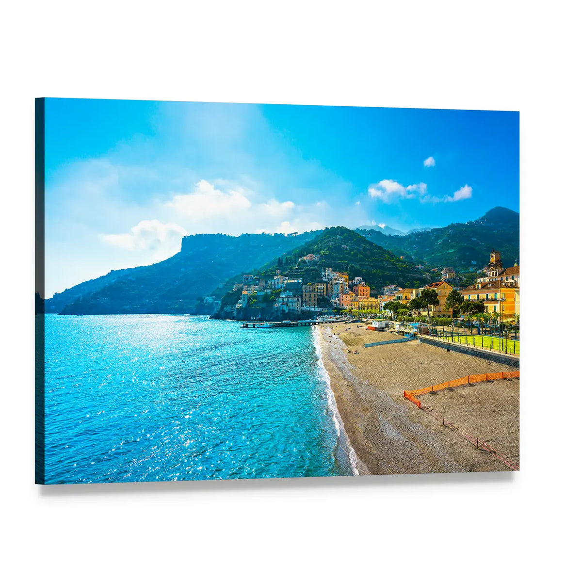 Sunny Amalfi Coast Seaside Town Canvas Wall Art, single panel gallery wrapped canvas, angled product view
