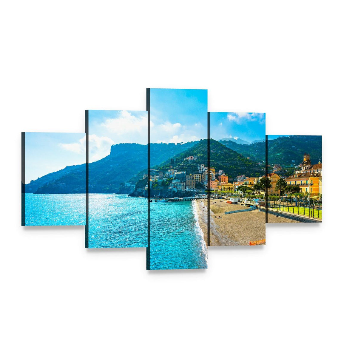Amalfi Coast Seaside Town Canvas Wall Art, 5 panel 5 Star layout gallery wrapped canvas set, angled product view