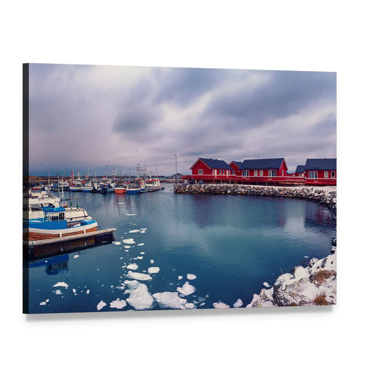 Norwegian Fishing Harbor in Winter Canvas Wall Art, single panel gallery wrapped canvas, angled product view