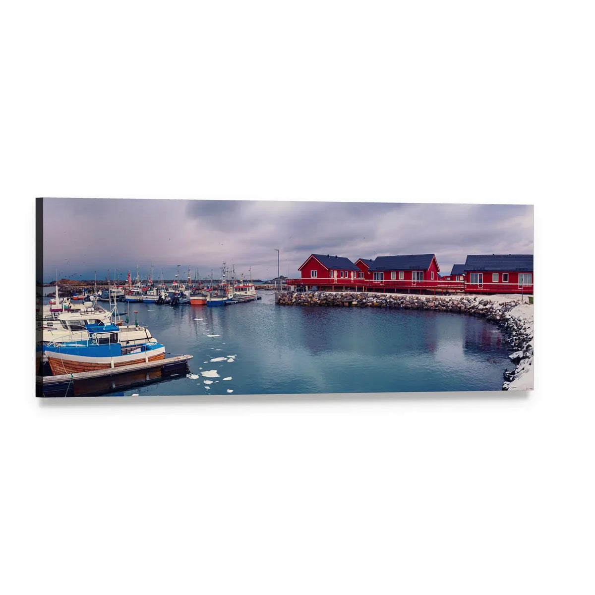 Winter Fishing Harbor in Norway Panoramic Canvas Wall Art, single panel gallery wrapped canvas, angled product view