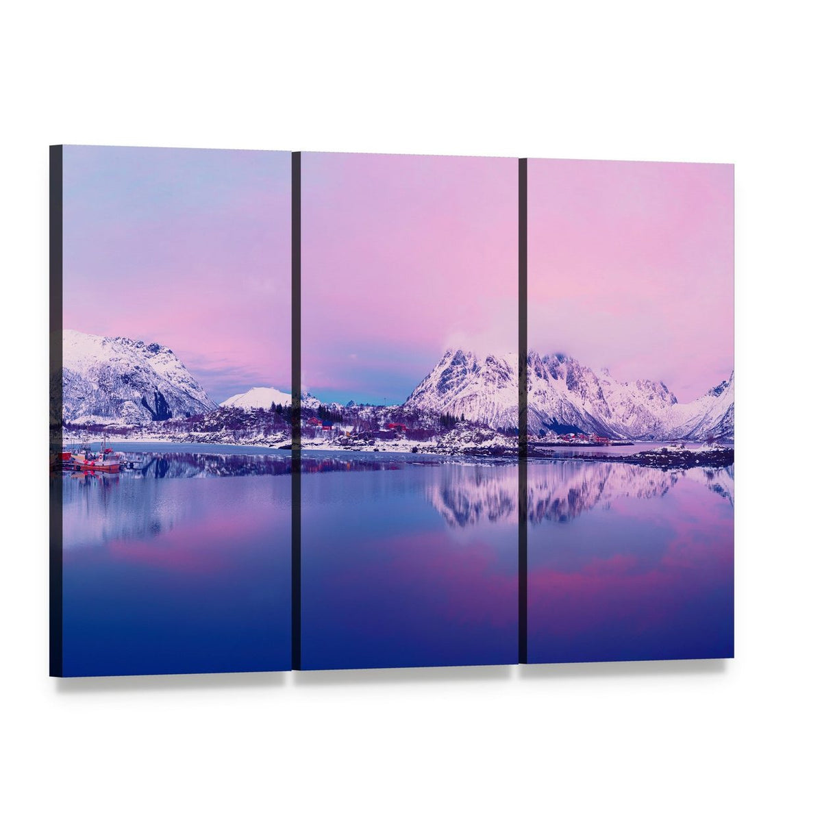 Winter Lake in Norway Canvas Wall Art, 3 panel 3 Horizontal layout gallery wrapped canvas set, angled product view