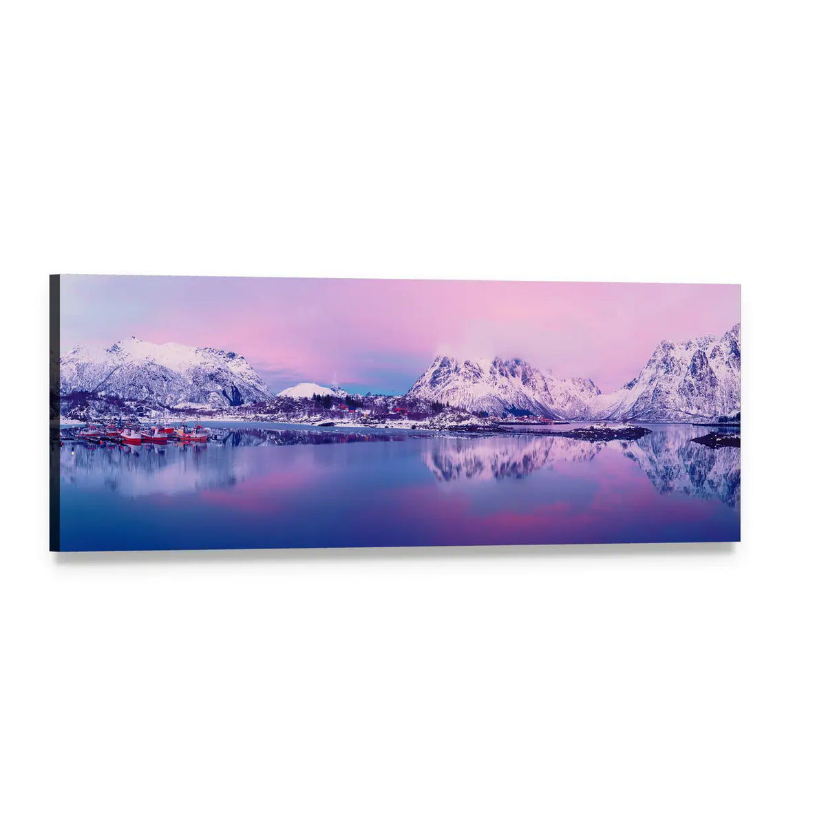 Arctic Lake with Snow-capped Peaks Panoramic Canvas Wall Art, single panel gallery wrapped canvas, angled product view