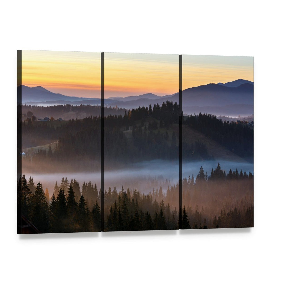 Fog Over Carpathian Mountains Canvas Wall Art, 3 panel 3 Horizontal layout gallery wrapped canvas set, angled product view