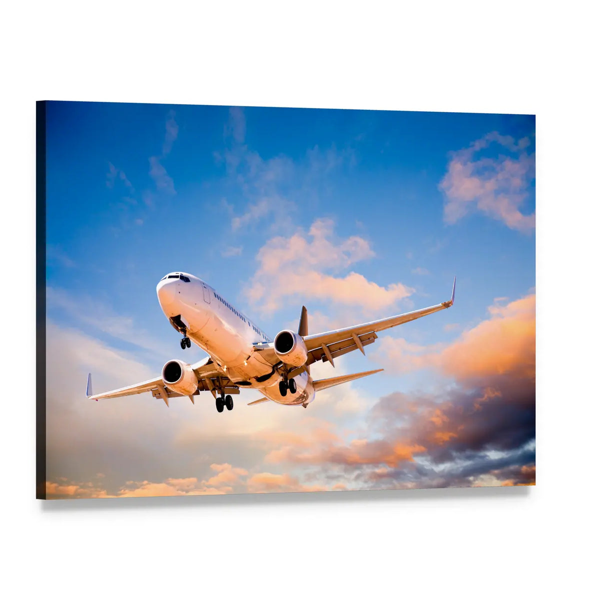 Commercial Airplane at Sunset Canvas Wall Art, single panel gallery wrapped canvas, angled product view