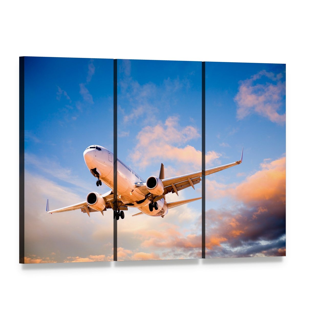 Passenger Jet at Sunset Canvas Wall Art, 3 panel 3 Horizontal layout gallery wrapped canvas set, angled product view