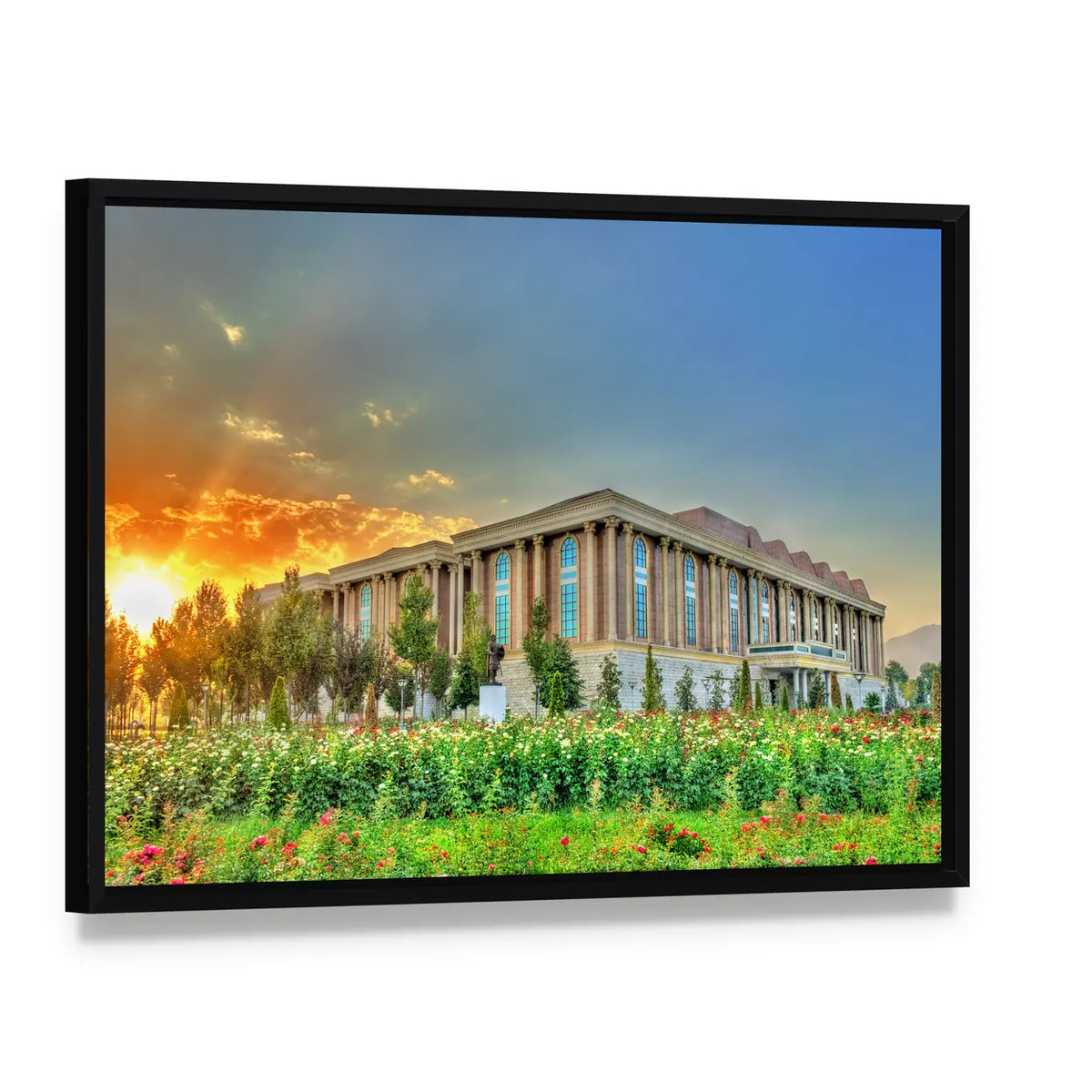 National Museum Of Tajikistan In Dushanbe Canvas Wall Art, framed canvas in a black floater frame, angled product view