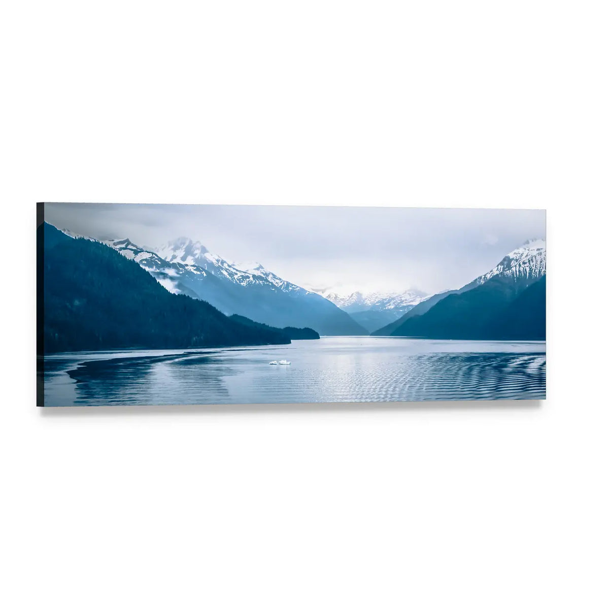 Snow-capped Peaks Over Misty Lake Panoramic Canvas Wall Art, single panel gallery wrapped canvas, angled product view