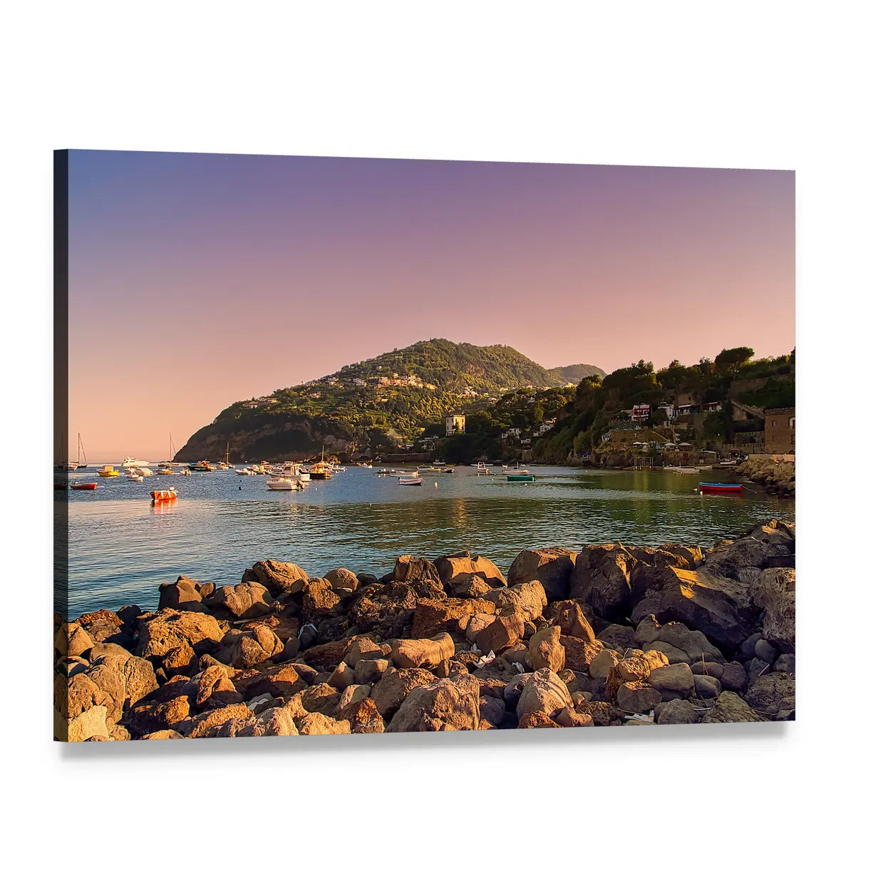 Sunset on Ischia Coast Canvas Wall Art, single panel gallery wrapped canvas, angled product view