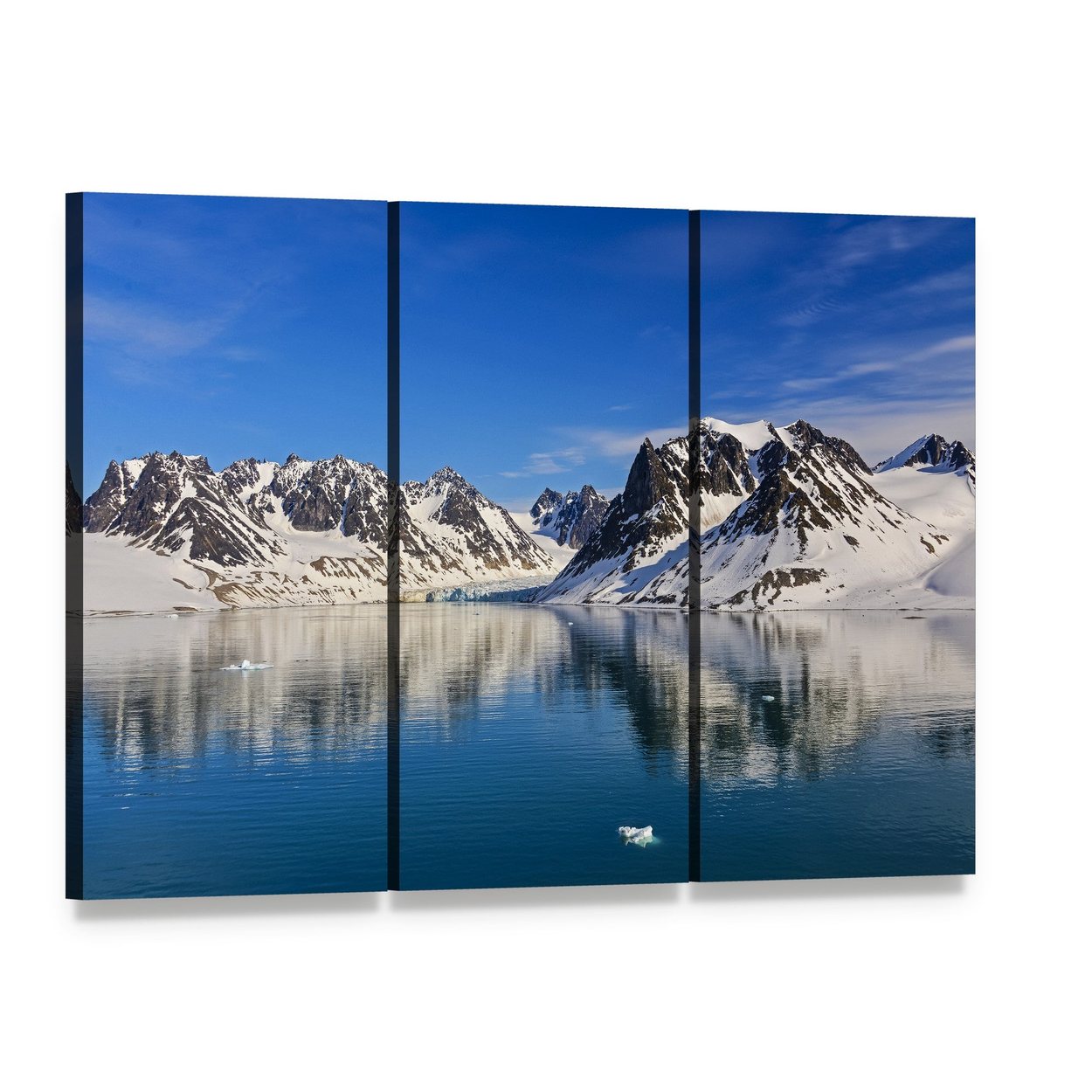 Snow-capped Fjord with Icebergs Canvas Wall Art, 3 panel 3 Horizontal layout gallery wrapped canvas set, angled product view