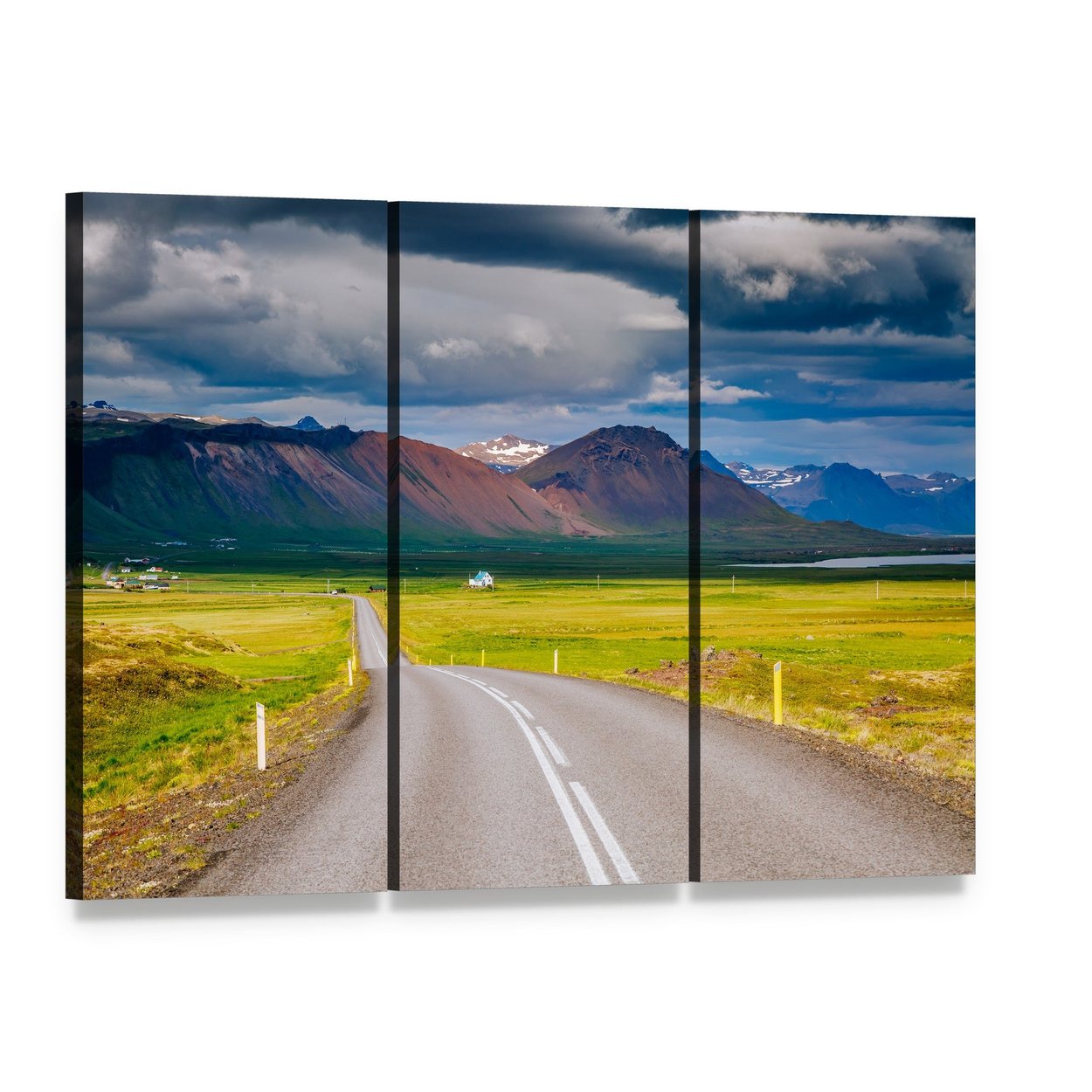 Paved Road Toward Snow-capped Mountains Canvas Wall Art, 3 panel 3 Horizontal layout gallery wrapped canvas set, angled product view