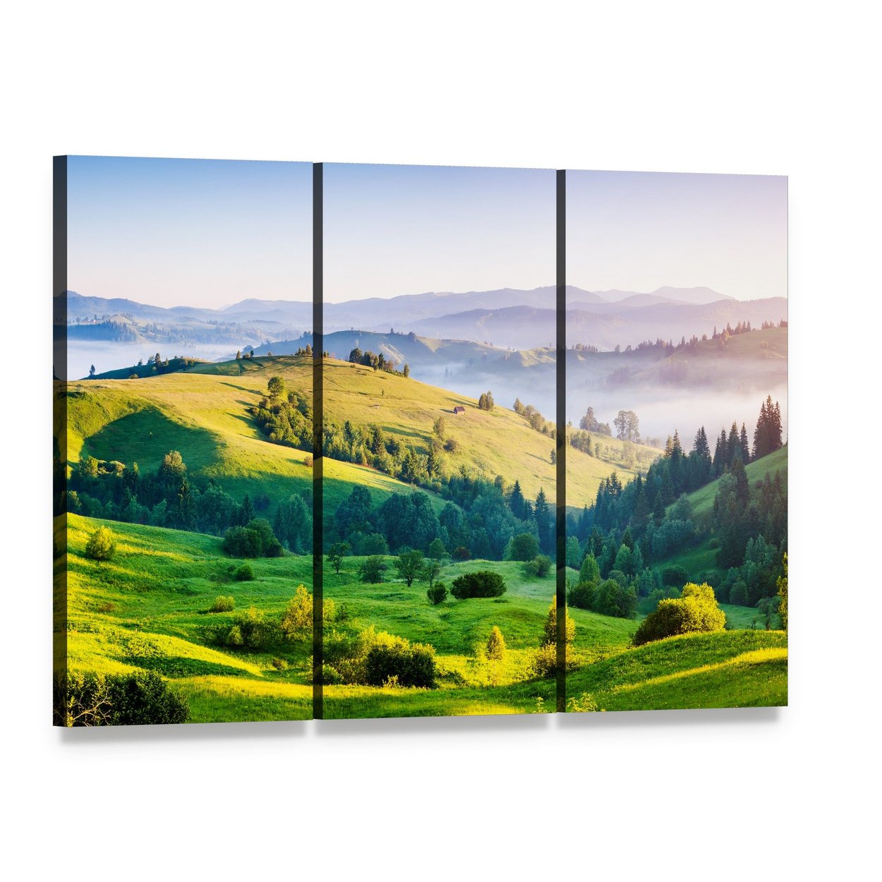 Rolling Countryside Farm Morning Mist Canvas Wall Art, 3 panel 3 Horizontal layout gallery wrapped canvas set, angled product view