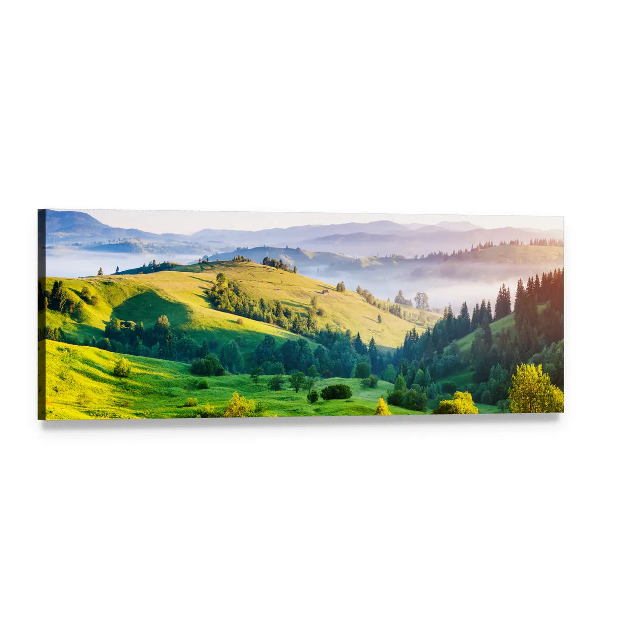 Rolling Green Hills and Misty Valley Panoramic Canvas Wall Art, single panel gallery wrapped canvas, angled product view