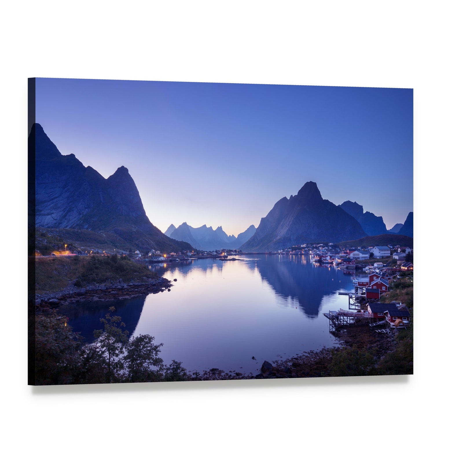 Reine Village Norway at Dusk Canvas Wall Art, single panel gallery wrapped canvas, angled product view
