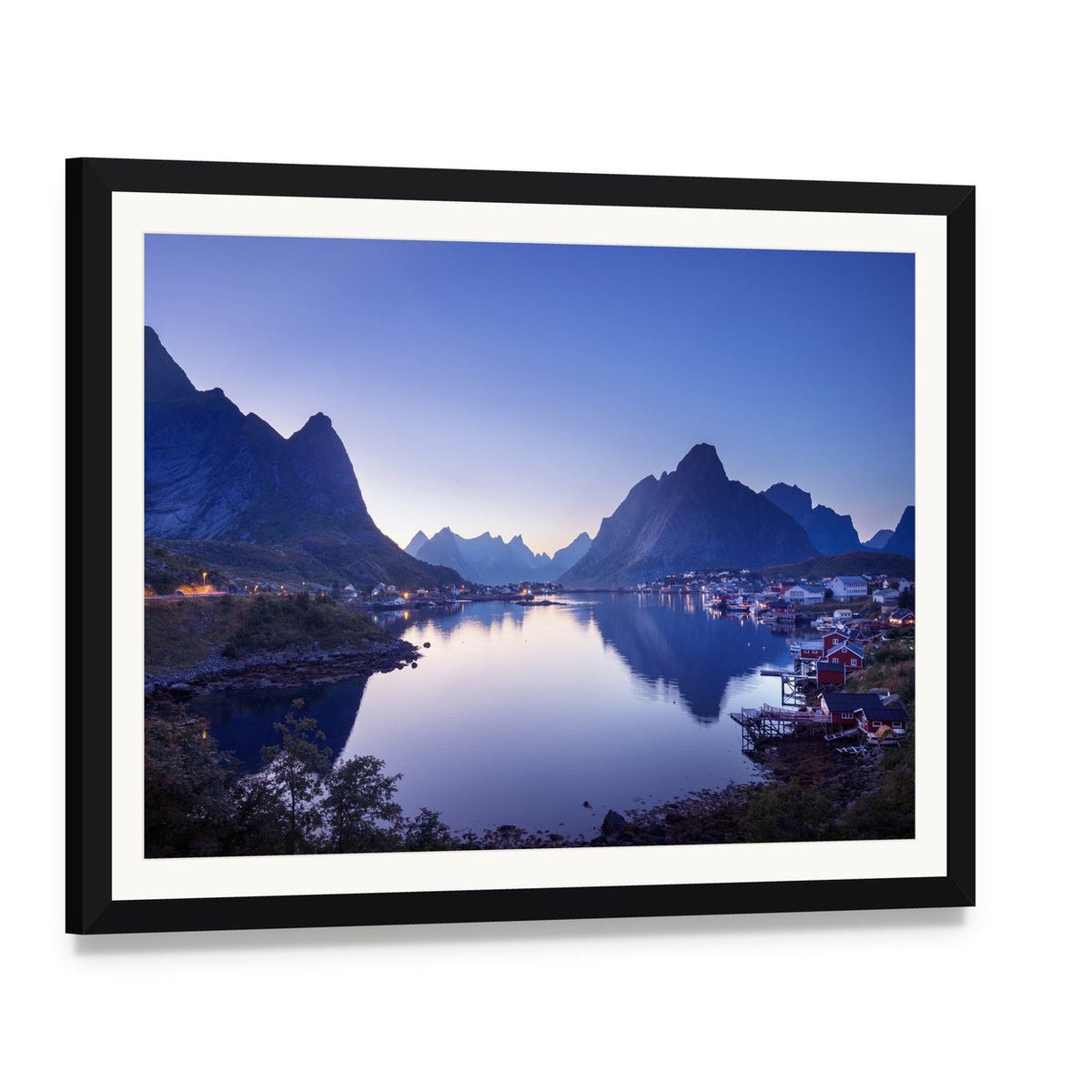 Reine Village Norway at Dusk Canvas Wall Art, framed print with white mat and black frame, angled product view