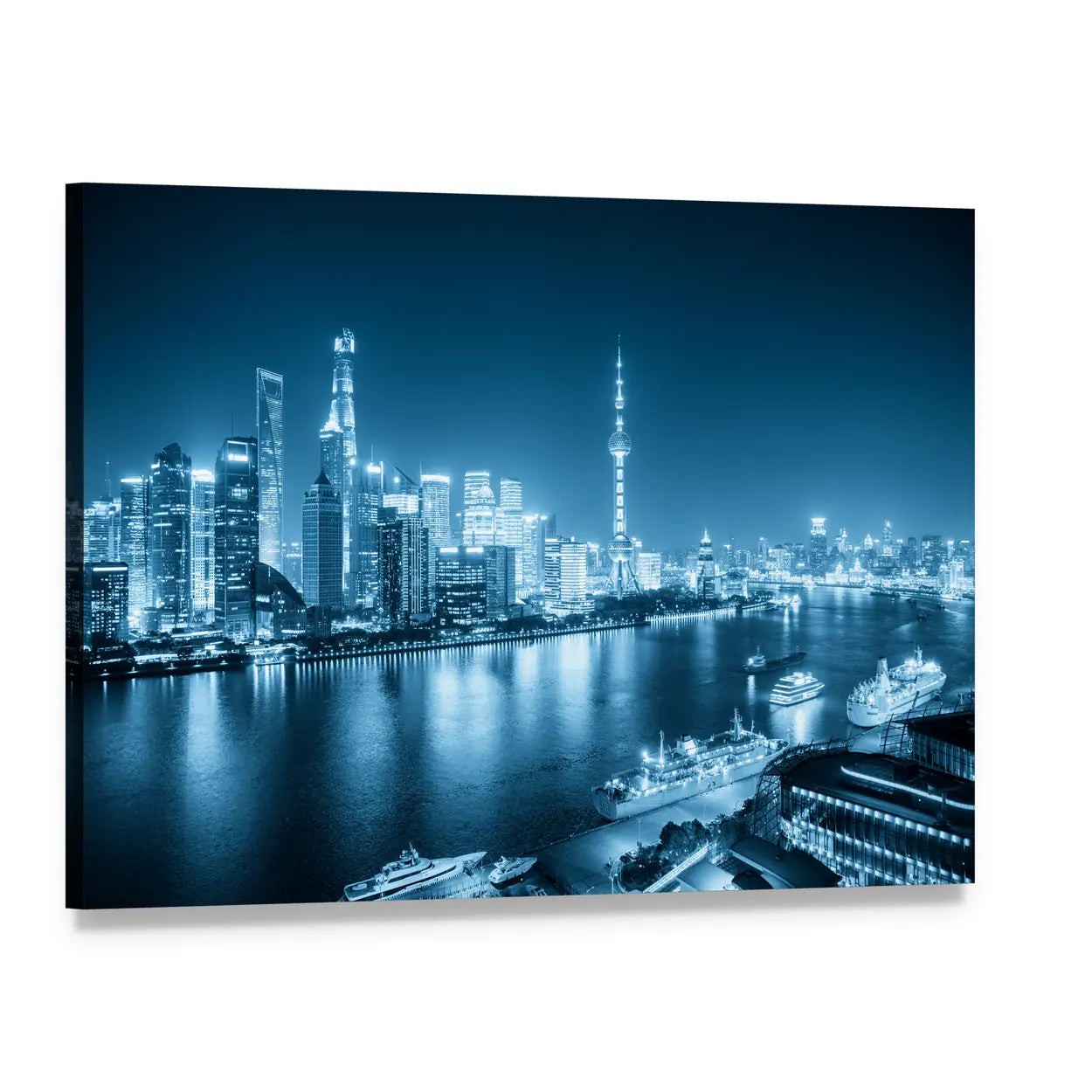 Shanghai Night Skyline with Oriental Pearl Tower Canvas Wall Art, single panel gallery wrapped canvas, angled product view
