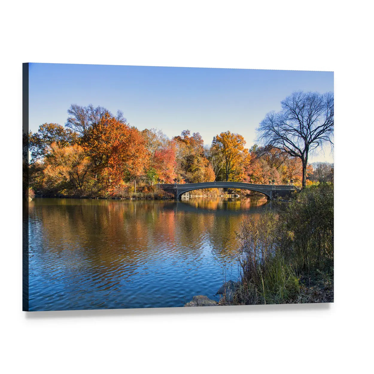 Autumn Lake with Arch Bridge Canvas Wall Art, single panel gallery wrapped canvas, angled product view