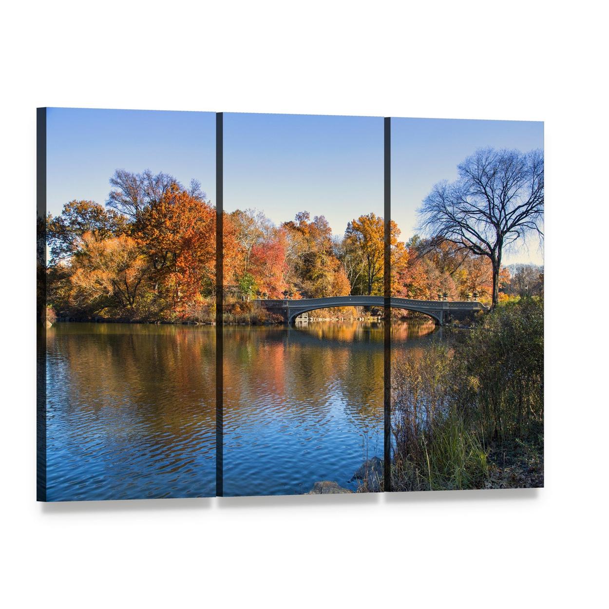 Autumn at Bow Bridge, Central Park Canvas Wall Art, 3 panel 3 Horizontal layout gallery wrapped canvas set, angled product view