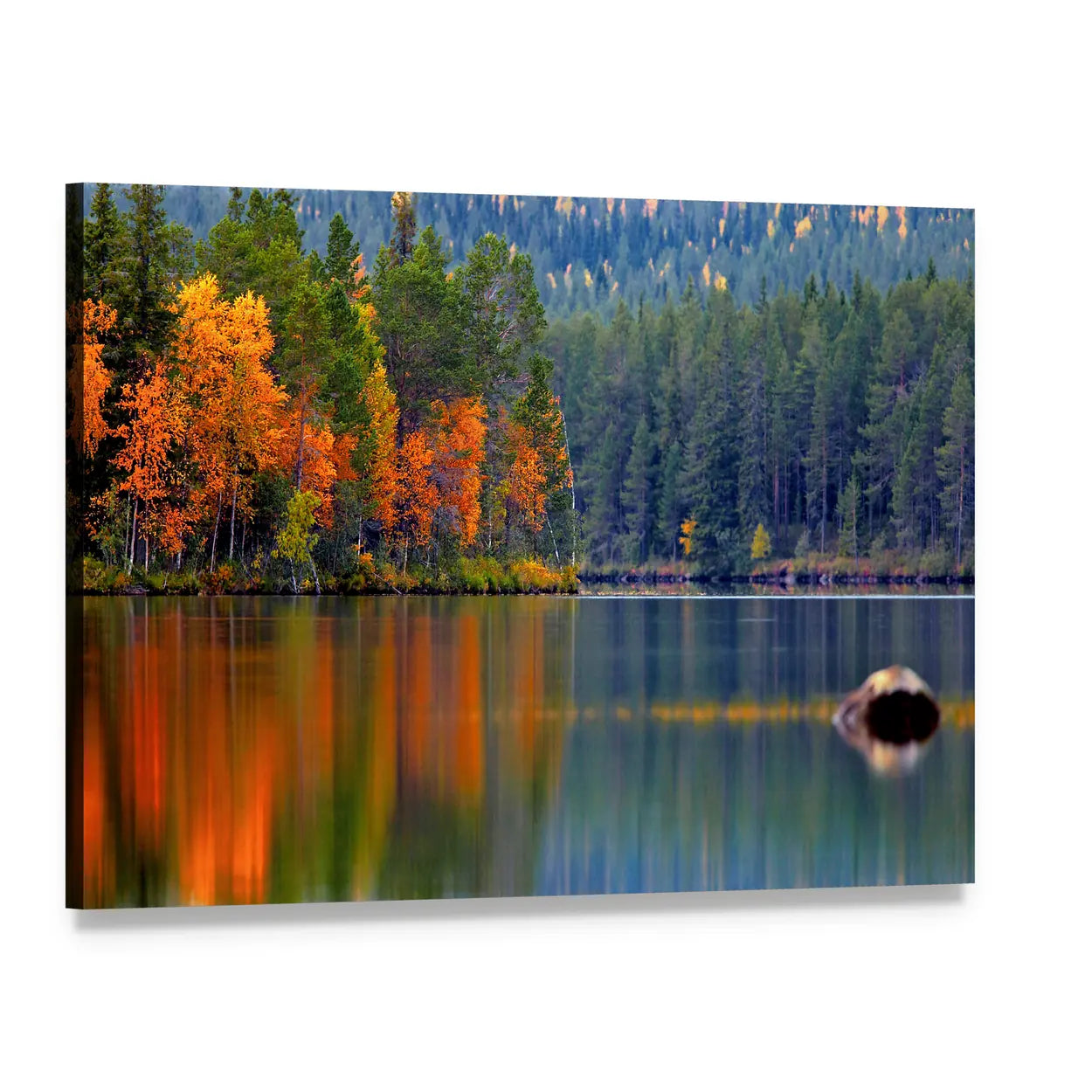 Kuusamo Lake Reflection Canvas Wall Art, single panel gallery wrapped canvas, angled product view